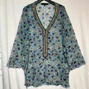 FRANGI Sheer Floral Boho Tunic One Size Embellish Sequin Neckline Beach Cover-up